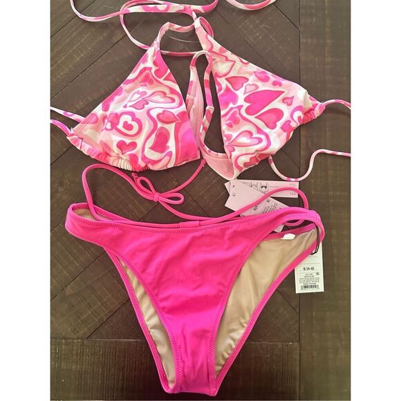 Target Brands Pink and White Hearts Wrap Bikini Top and Pink Bottom Size Small - Picture 1 of 3